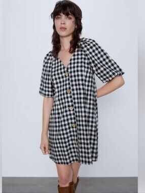 Zara Gingham Black Ivory Buffalo Plaid Linen Blend Puff Sleeves Loose Fit Dress